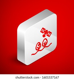 Isometric line Smart farm with drone control and tree icon isolated on red background. Innovation technology for agricultural company. Silver square button. Vector Illustration
