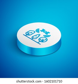 Isometric line Smart farm with drone control and tree icon isolated on blue background. Innovation technology for agricultural company. White circle button. Vector Illustration