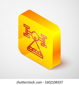 Isometric line Smart farm with drone control collects harvest icon isolated on grey background. Innovation technology for agricultural company. Yellow square button. Vector Illustration