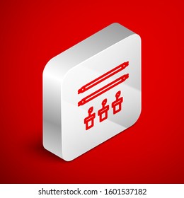 Isometric line Smart farm with light bulb and plant symbol icon isolated on red background. Silver square button. Vector Illustration