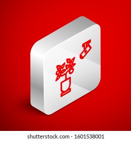 Isometric line Smart farming technology - farm automation system in app icon isolated on red background. Silver square button. Vector Illustration