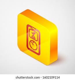 Isometric line Smart farming technology - timer farm automation system in app icon isolated on grey background. Yellow square button. Vector Illustration