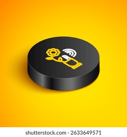 Isometric line Smart farming technology - farm automation system in app icon isolated on yellow background. Black circle button. Vector