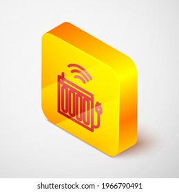 Isometric line Smart heating radiator system icon isolated on grey background. Internet of things concept with wireless connection. Yellow square button. Vector