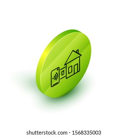 Isometric line Smart home icon isolated on white background. Remote control. Green circle button. Vector Illustration