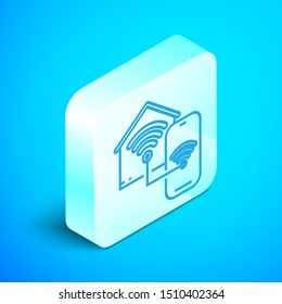 Isometric line Smart home with wi-fi icon isolated on blue background. Remote control. Silver square button. Vector Illustration