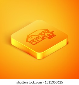 Isometric line Smart house and alarm icon isolated on orange background. Security system of smart home. Orange square button. Vector Illustration