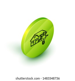 Isometric line Smart house and light bulb icon isolated on white background. Green circle button. Vector Illustration