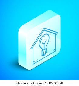 Isometric line Smart house and light bulb icon isolated on blue background. Silver square button. Vector Illustration
