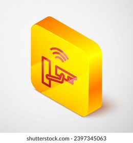 Isometric line Smart security camera icon isolated on grey background. Internet of things concept with wireless connection. Yellow square button. Vector