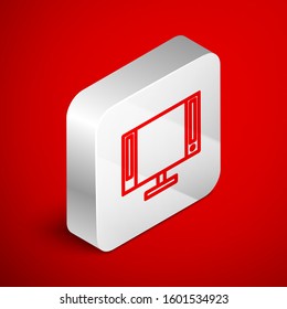 Isometric line Smart Tv icon isolated on red background. Television sign. Silver square button. Vector Illustration