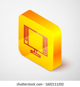 Isometric line Smart Tv icon isolated on grey background. Television sign. Yellow square button. Vector Illustration