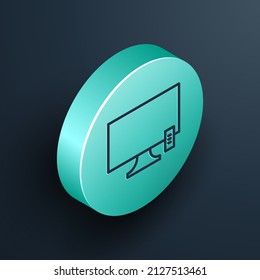 Isometric line Smart Tv icon isolated on black background. Television sign. Turquoise circle button. Vector Illustration