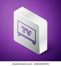 Línea isométrica Icono de Smart Tv aislado en fondo morado. Cartel de televisión. Botón cuadrado plateado. Ilustración vectorial