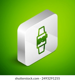 Isometric line Smart watch 5G new wireless internet wifi icon isolated on green background. Global network high speed connection data rate technology. Silver square button. Vector