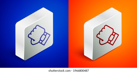 Isometric line Smart watch on hand icon isolated on blue and orange background. Fitness App concept. Silver square button. Vector