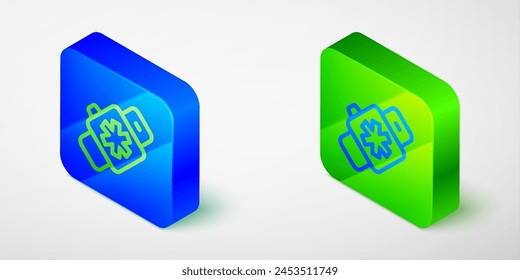 Isometric line Smart watch showing heart beat rate icon isolated grey background. Fitness App concept. Blue and green square button. Vector