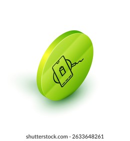 Isometrische Linie Smartphone-Aufladung auf drahtlosem Ladegerät Symbol einzeln auf weißem Hintergrund. Ladebatterie auf Ladefläche. Grüner Kreis-Knopf. Vektorgrafik