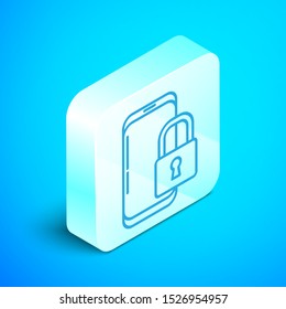 Isometric line Smartphone with closed padlock icon isolated on blue background. Phone with lock. Mobile security, safety, protection concept. Silver square button. Vector Illustration