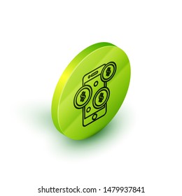 Isometric line Smartphone with dollar symbol icon isolated on white background. Online shopping concept. Financial mobile phone icon. Online payment. Green circle button. Vector Illustration