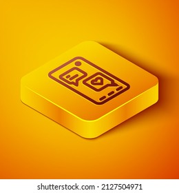 Isometric line Smartphone with heart emoji speech bubble get message on screen icon isolated on orange background. Valentines day. Yellow square button. Vector