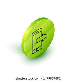 Isometric line Smartphone, mobile phone icon isolated on white background. Green circle button. Vector Illustration