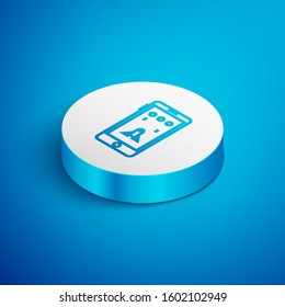 Isometric line Smartphone and playing in game icon isolated on blue background. Mobile gaming concept. White circle button. Vector Illustration