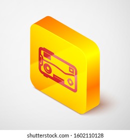 Isometric line Smartphone and playing in game icon isolated on grey background. Mobile gaming concept. Yellow square button. Vector Illustration