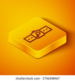 Isometric line Smartwatch icon isolated on orange background. Yellow square button. Vector Illustration