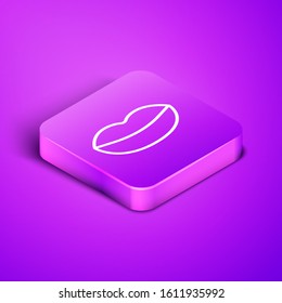 Isometric line Smiling lips icon isolated on purple background. Smile symbol. Purple square button. Vector Illustration