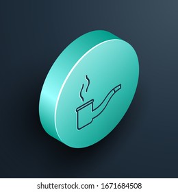 Isometric line Smoking pipe with smoke icon isolated on black background. Tobacco pipe. Turquoise circle button. Vector Illustration