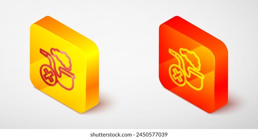 Isometric line Smoking pipe with smoke icon isolated on grey background. Tobacco pipe. Yellow and orange square button. Vector