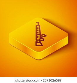 Isometric line Sniper rifle with scope icon isolated on orange background. Yellow square button. Vector