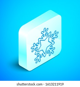 Isometric line Snowflake icon isolated on blue background. Merry Christmas and Happy New Year. Silver square button. Vector Illustration