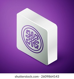 Isometric line Snowflake icon isolated on purple background. Silver square button. Vector