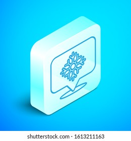 Isometric line Snowflake with speech bubble icon isolated on blue background. Merry Christmas and Happy New Year. Silver square button. Vector Illustration