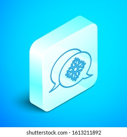 Isometric line Snowflake with speech bubble icon isolated on blue background. Merry Christmas and Happy New Year. Silver square button. Vector Illustration