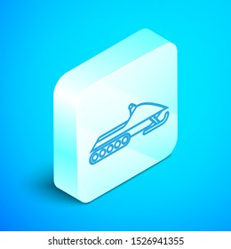 Isometric line Snowmobile icon isolated on blue background. Snowmobiling sign. Extreme sport. Silver square button. Vector Illustration