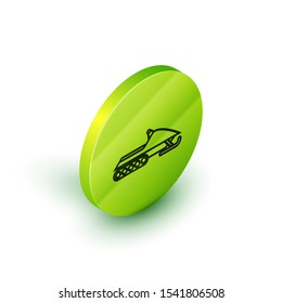 Isometric line Snowmobile icon isolated on white background. Snowmobiling sign. Extreme sport. Green circle button. Vector Illustration