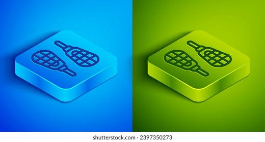 Isometric line Snowshoes icon isolated on blue and green background. Winter sports and outdoor activities equipment. Square button. Vector