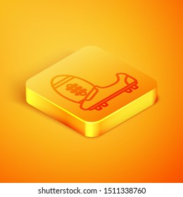 Isometric line Soccer or football shoes with spikes icon isolated on orange background. American football boot and ball. Orange square button. Vector Illustration