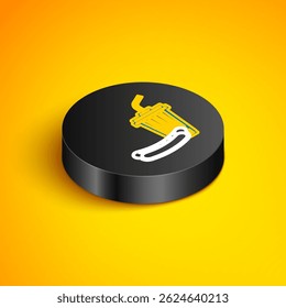 Isometric line Soda and hotdog icon isolated on yellow background. Fast food symbol. Black circle button. Vector