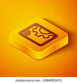 Isometric line Software, web development, programming concept icon isolated on orange background. Programming language and program code on screen tablet. Yellow square button. Vector