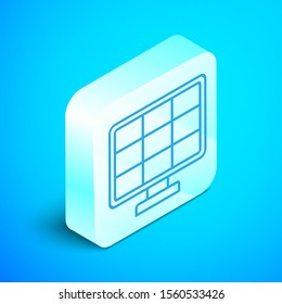 Isometric line Solar energy panel icon isolated on blue background. Silver square button. Vector Illustration