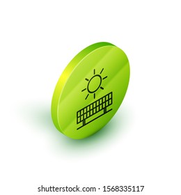 Isometric line Solar energy panel and sun icon isolated on white background. Green circle button. Vector Illustration