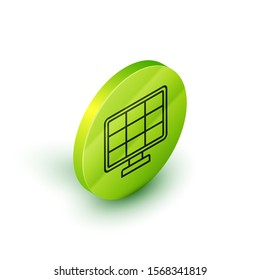 Isometric line Solar energy panel icon isolated on white background. Green circle button. Vector Illustration
