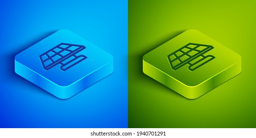Isometric line Solar energy panel icon isolated on blue and green background. Square button. Vector