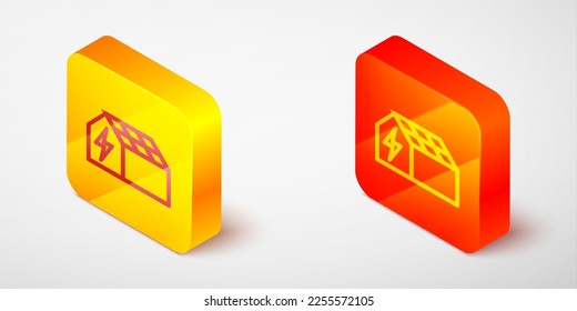 Isometric line Solar energy panel icon isolated on grey background. Yellow and orange square button. Vector