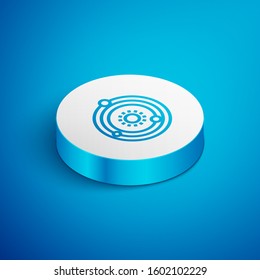Isometric line Solar system icon isolated on blue background. The planets revolve around the star. White circle button. Vector Illustration