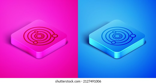 Isometric line Solar system icon isolated on pink and blue background. The planets revolve around the star. Square button. Vector Illustration